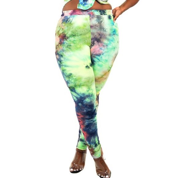 Women's Lemon & Lime Tie Dye Print Button Down Shirt & Skinny Leggings Set - Picture 4 of 8